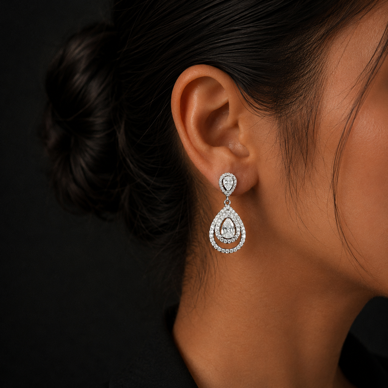 Silver Halo Pear Drop Diamond Earrings for Women