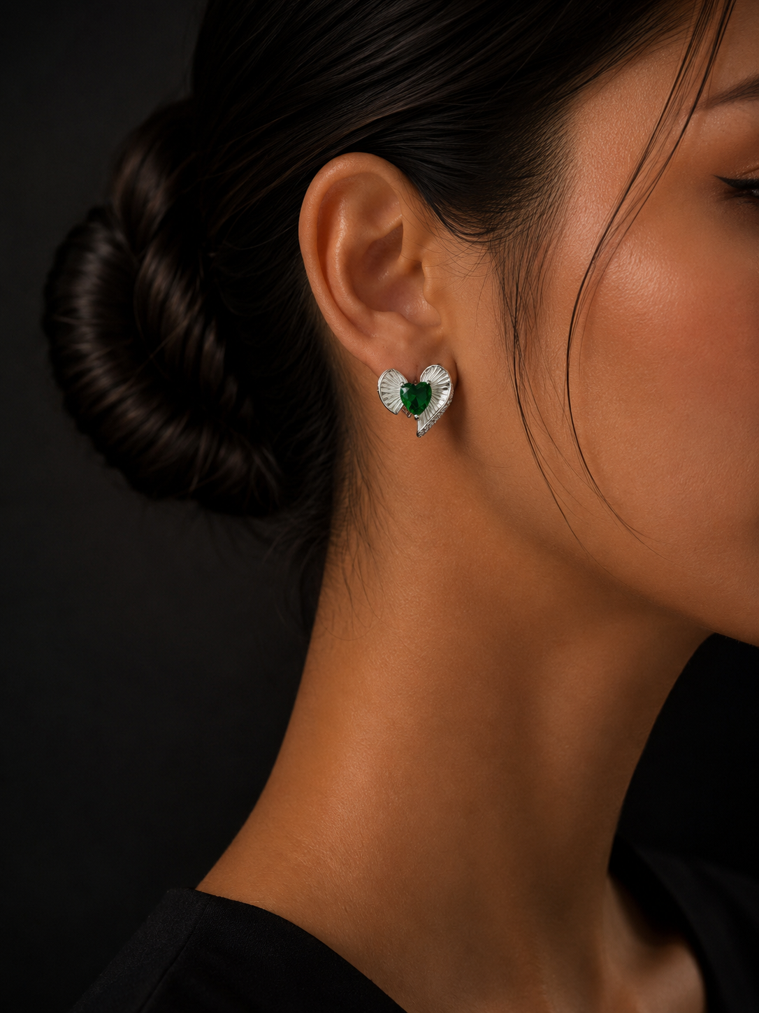 Silver Green Heart Stud Earrings