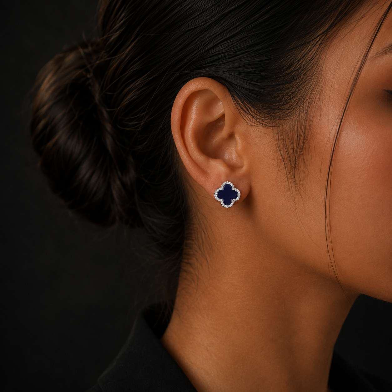 Silver Blue Clover Diamond Stud Earrings for Women