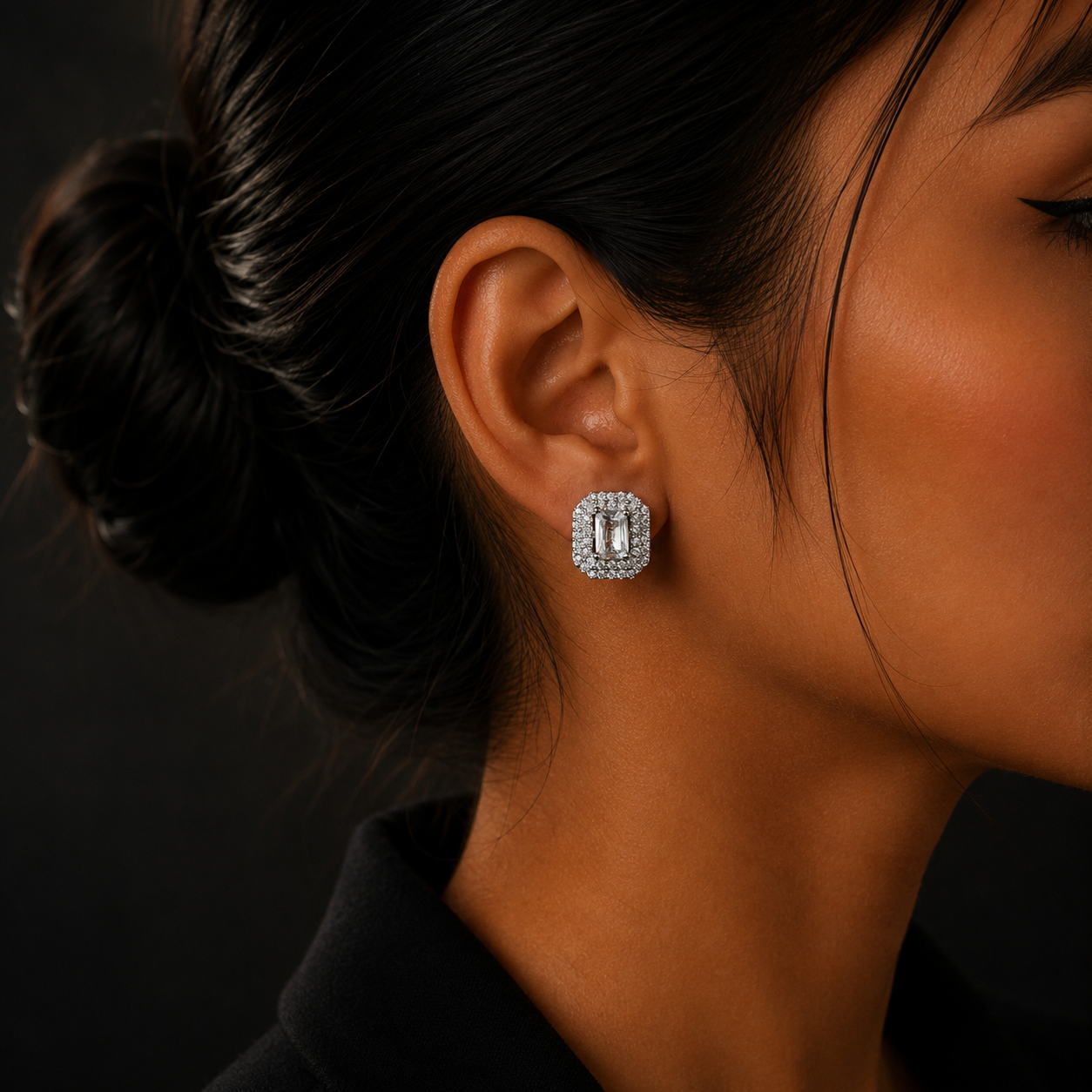 Silver Emerald-Cut Halo Diamond Stud Earrings for Women
