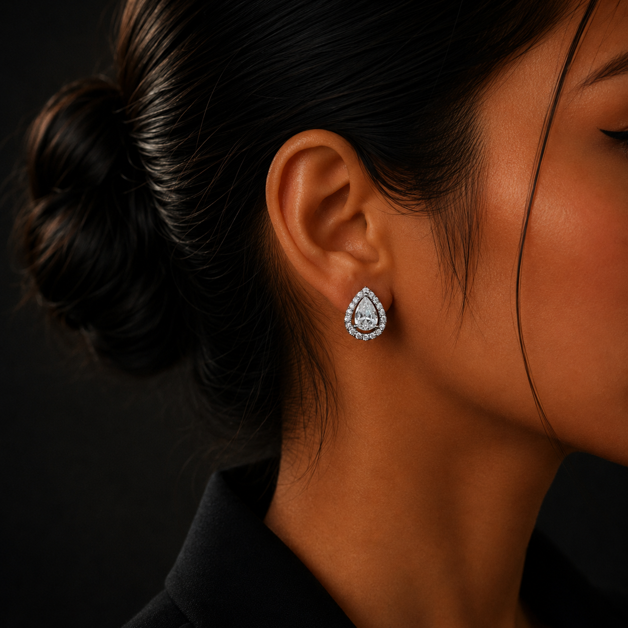 Silver Pear Cut Halo Diamond Stud Earrings for Women