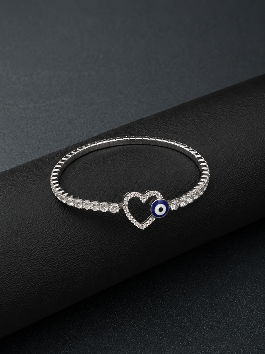 Silver Stretchable Heart Diamond Bracelet with Evil Eye