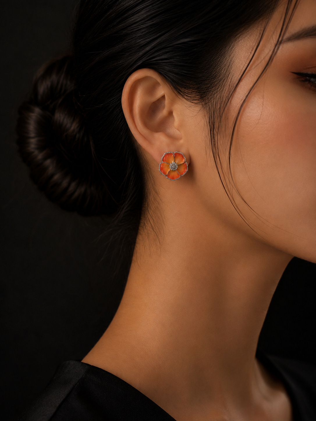 Silver Orange Yellow Flower Stud Earrings