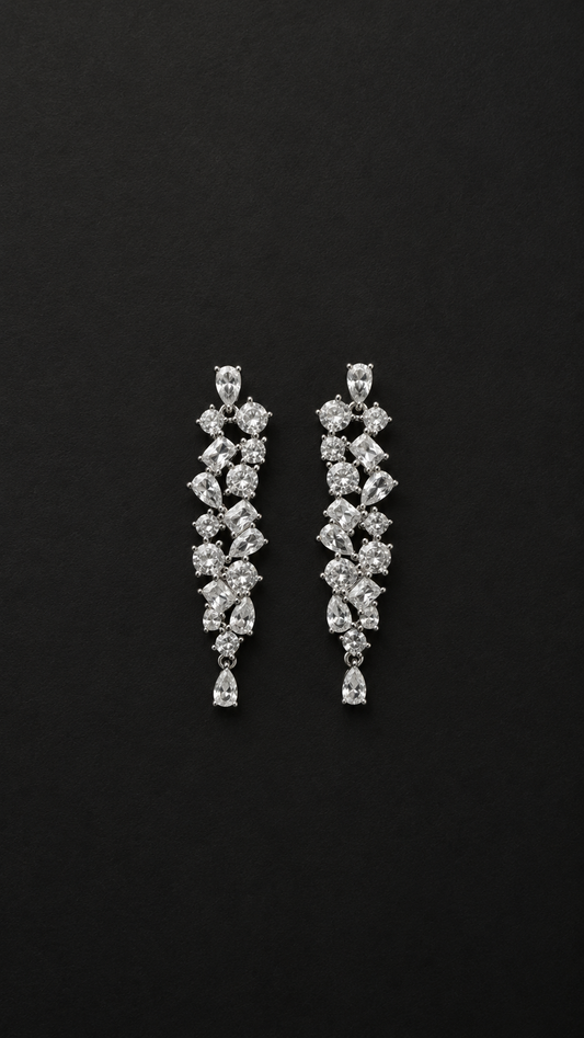 Silver Diamond Cluster Drop Earrings