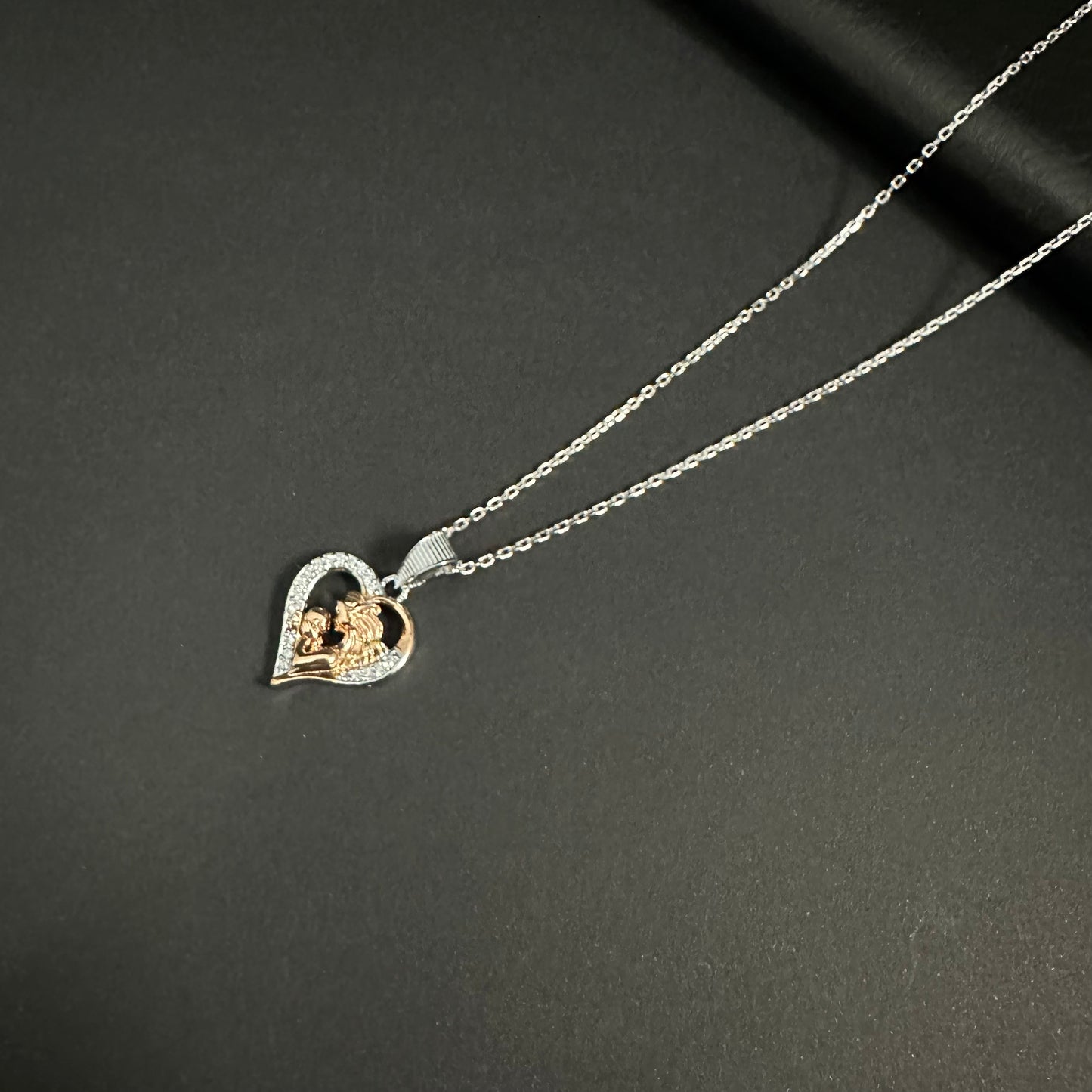 Silver & Rose Gold Mother and Baby Heart Pendant Necklace for Women