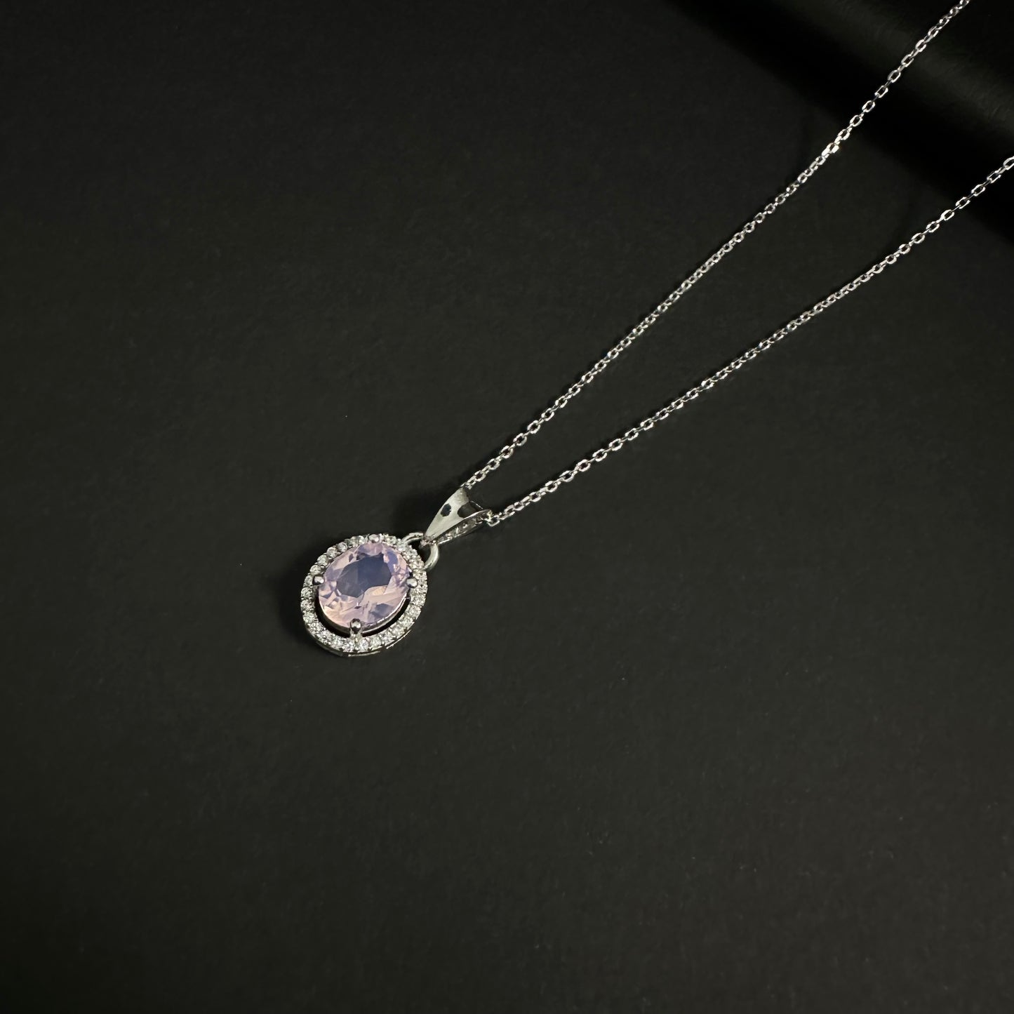 Silver Pink Halo Diamond Pendant Necklace for Women
