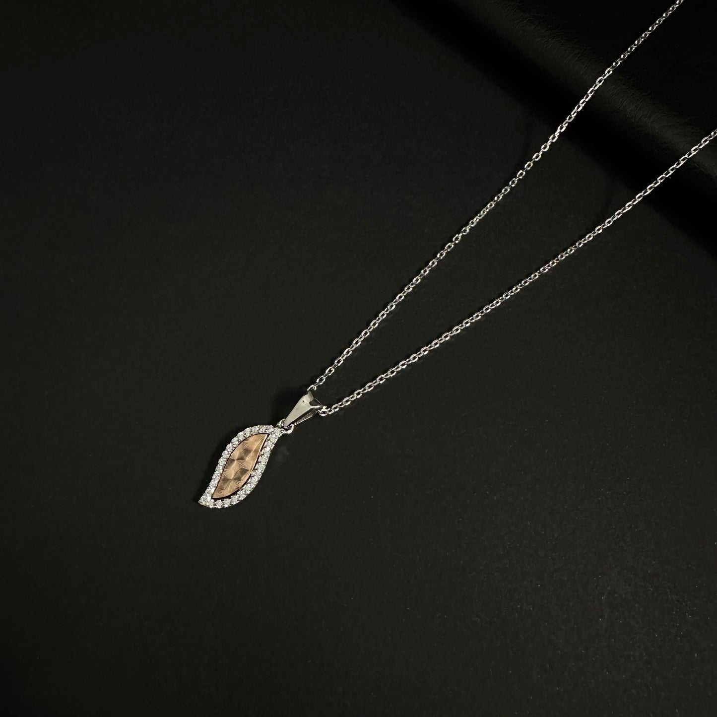 Silver & Rose Gold Diamond Leaf Pendant Necklace for Women
