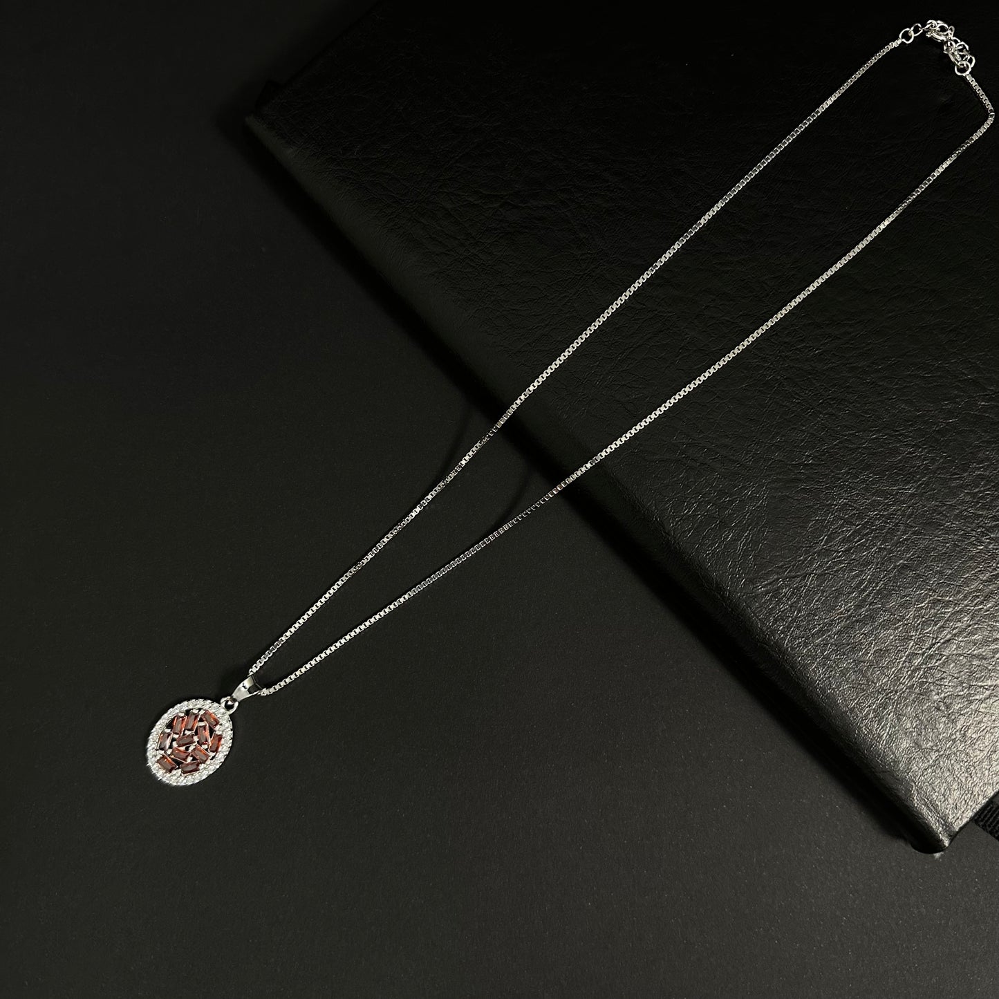 Silver Red Diamond Halo Circle Pendant Necklace for Women
