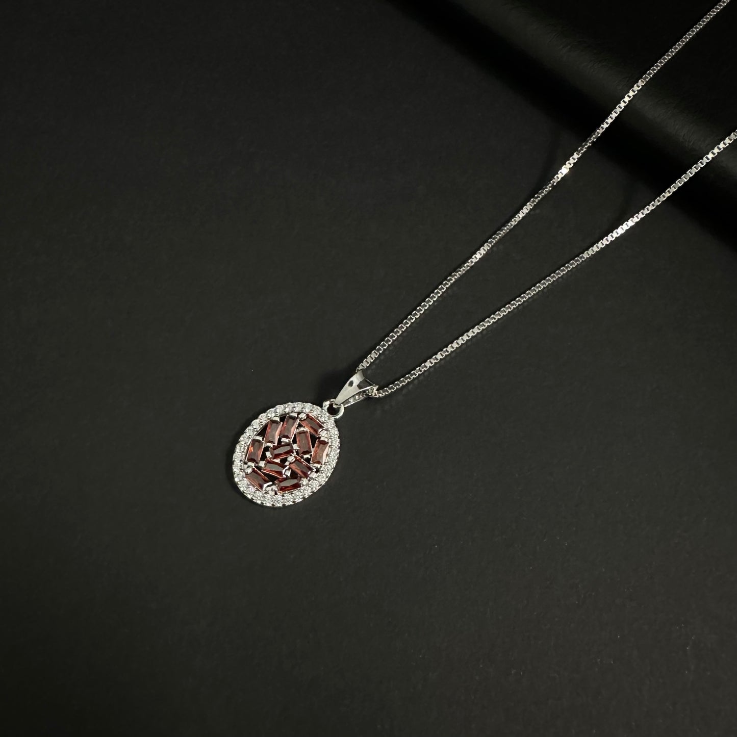 Silver Red Diamond Halo Circle Pendant Necklace for Women
