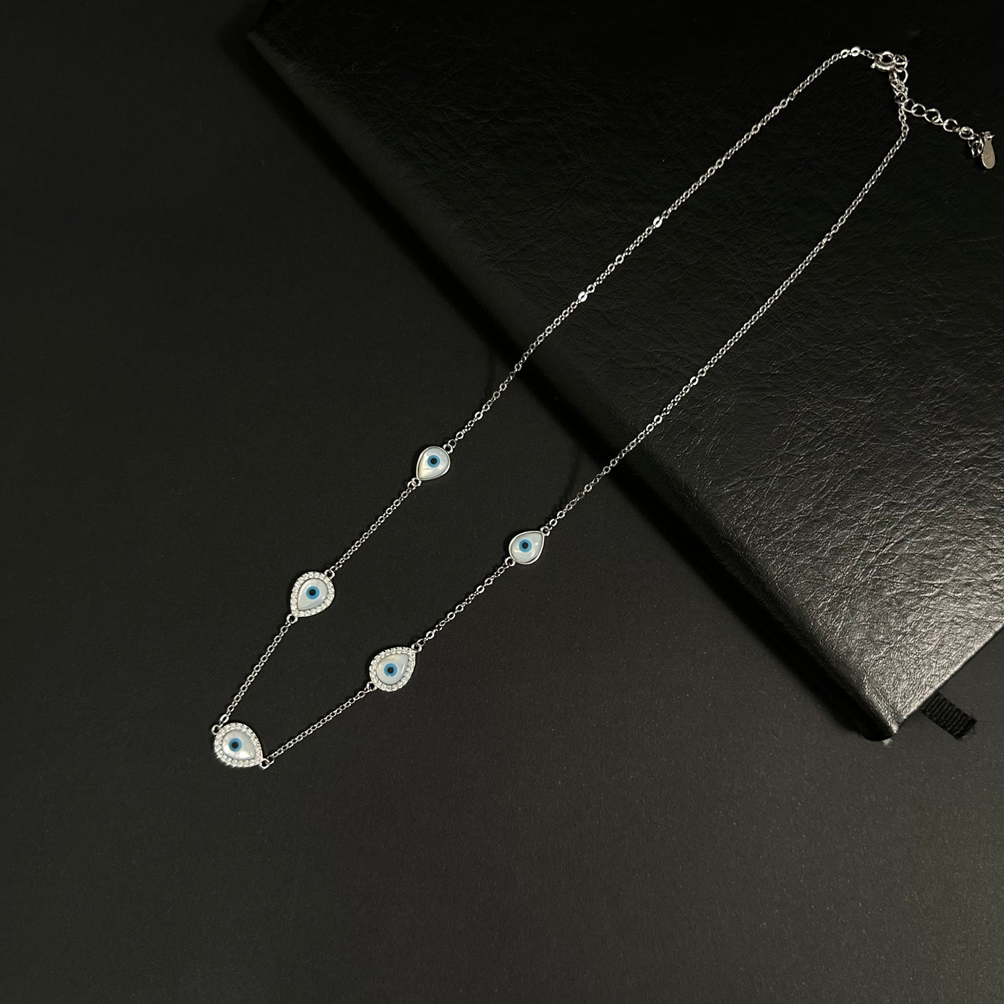 Silver Diamond Evil Eye Station Pendant Necklace for Women