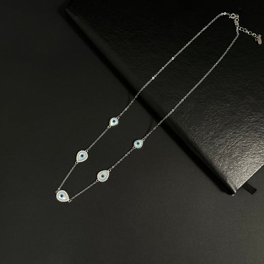 Silver Diamond Evil Eye Station Pendant Necklace for Women