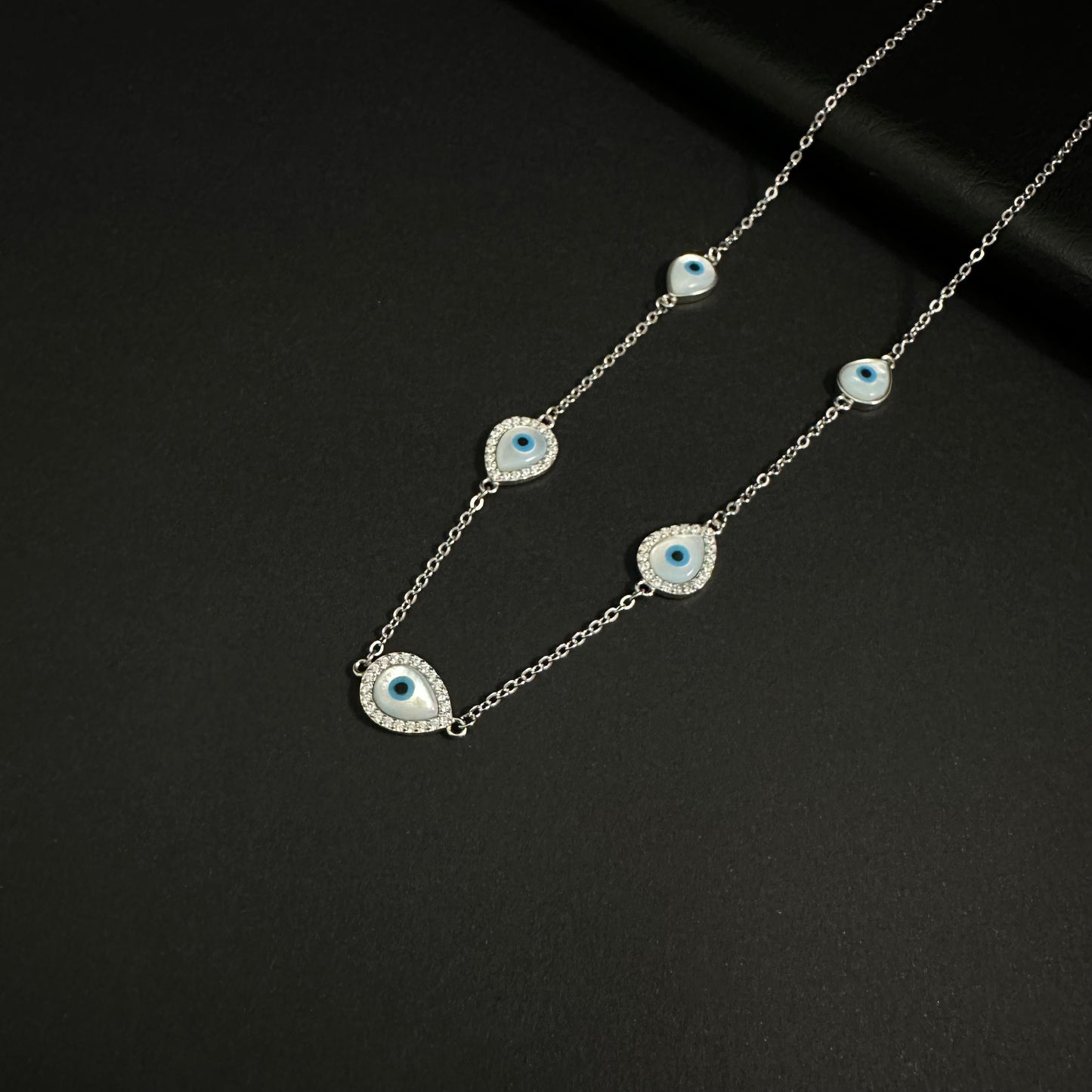 Silver Diamond Evil Eye Station Pendant Necklace for Women