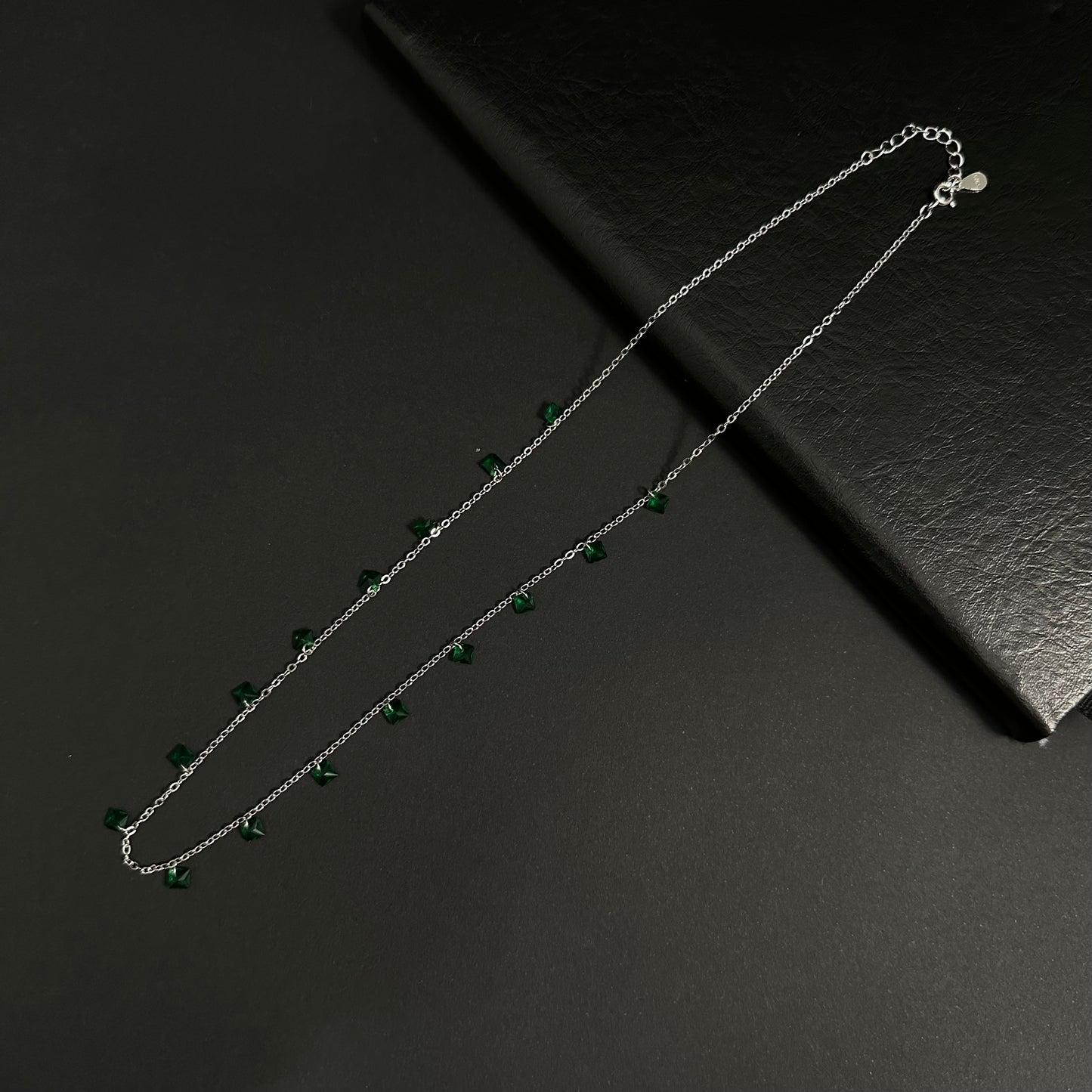 Silver Emerald Green Crystal Station Necklace for Women