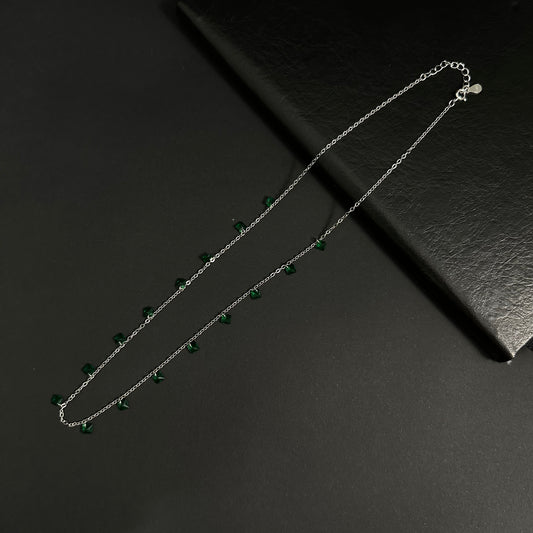 Silver Emerald Green Crystal Station Necklace for Women