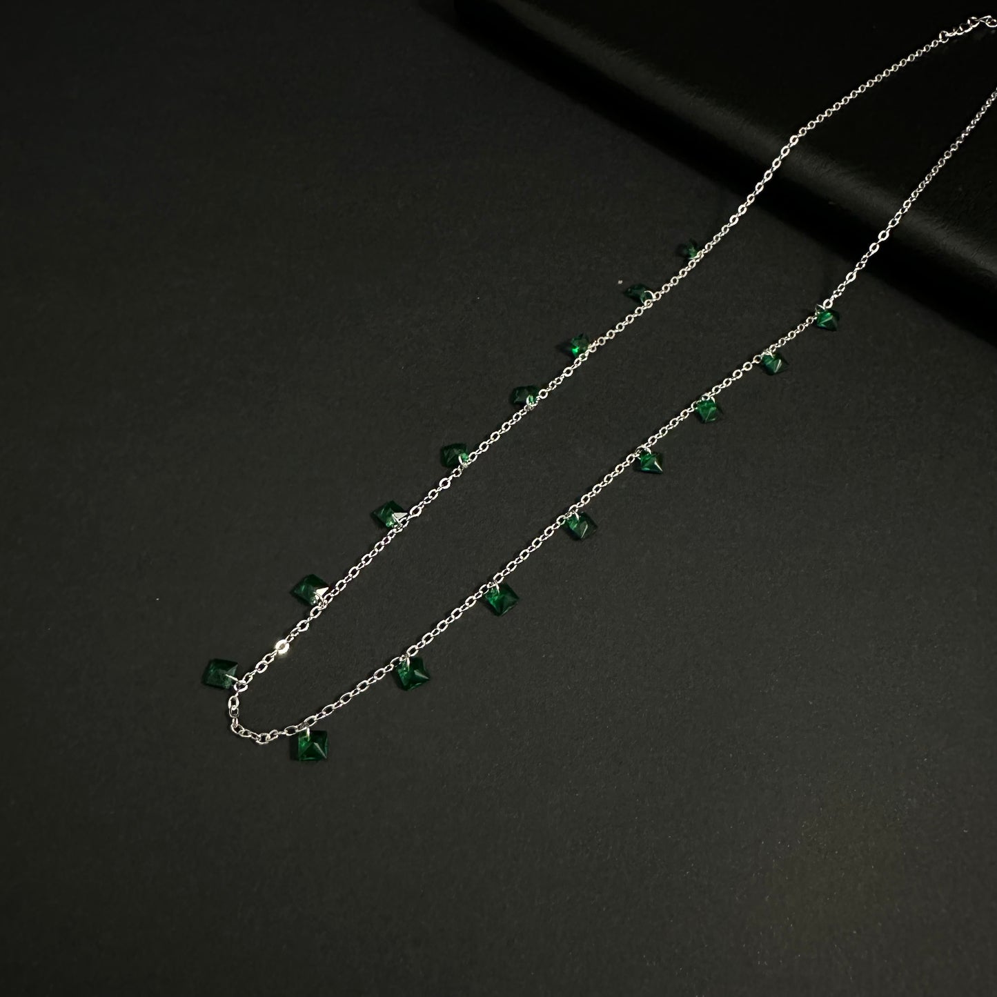 Silver Emerald Green Crystal Station Necklace for Women