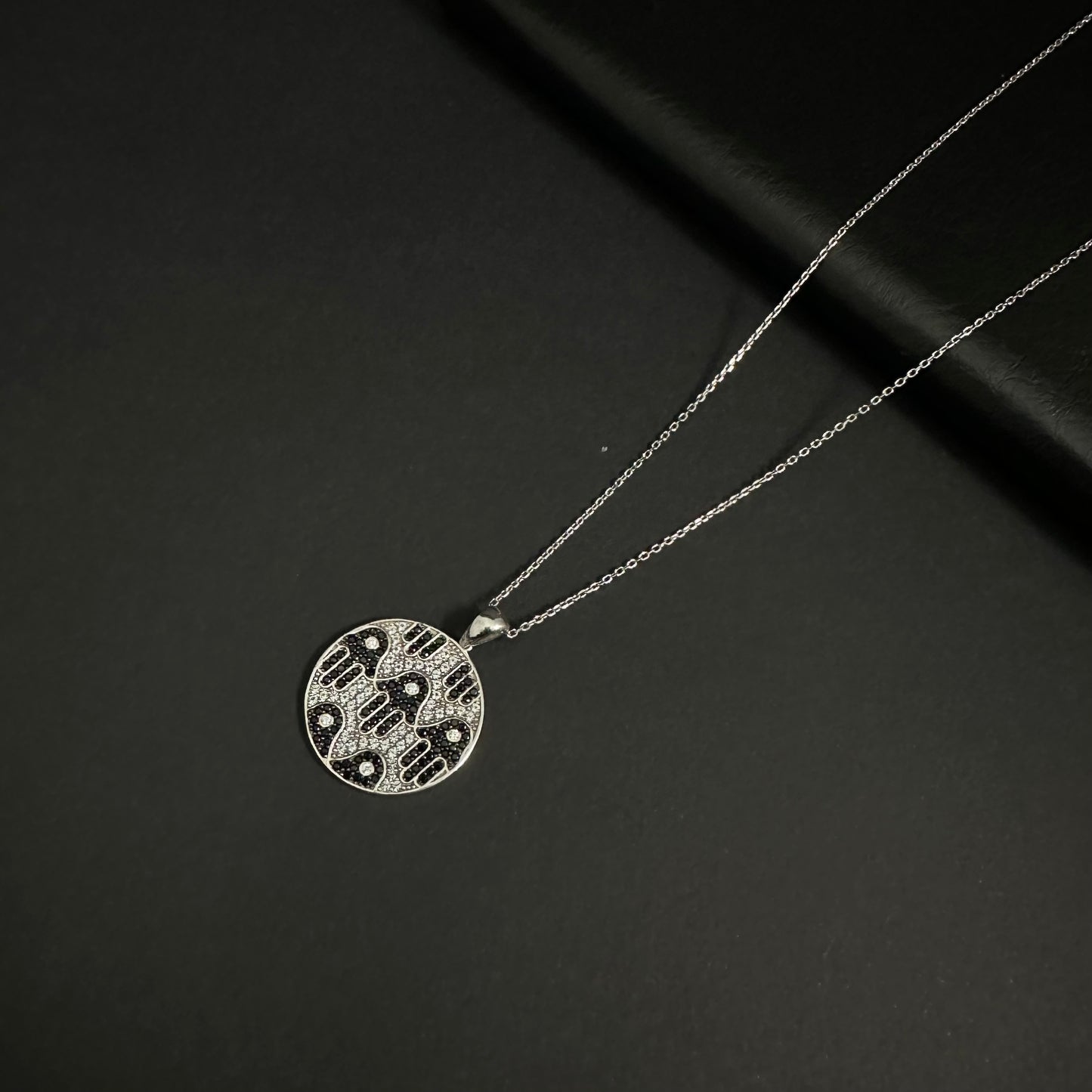 Silver Black Diamond Round Pendant Necklace for Women