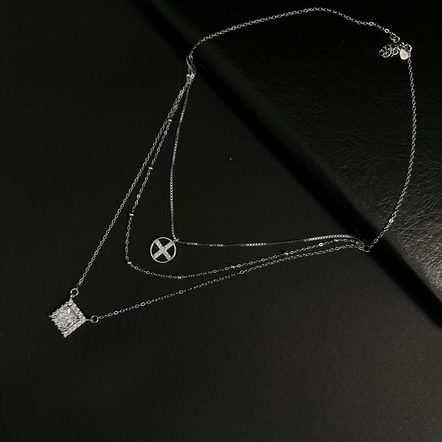 Silver Diamond Triple Layer Pendant Necklace for Women
