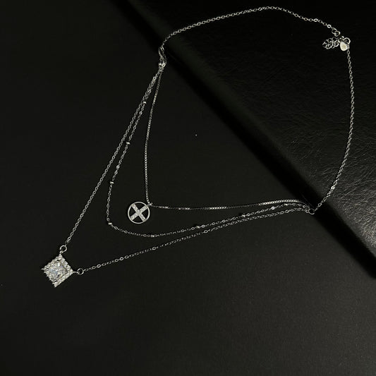 Silver Diamond Triple Layer Pendant Necklace for Women