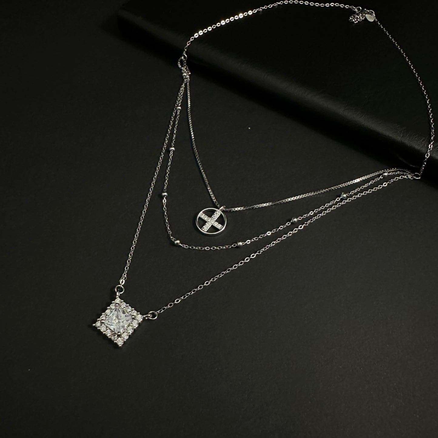Silver Diamond Triple Layer Pendant Necklace for Women