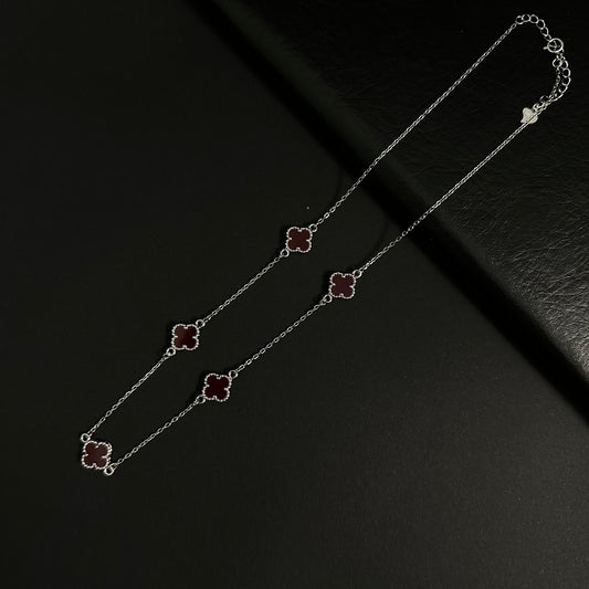 Silver Red Clover Station Necklace for Women