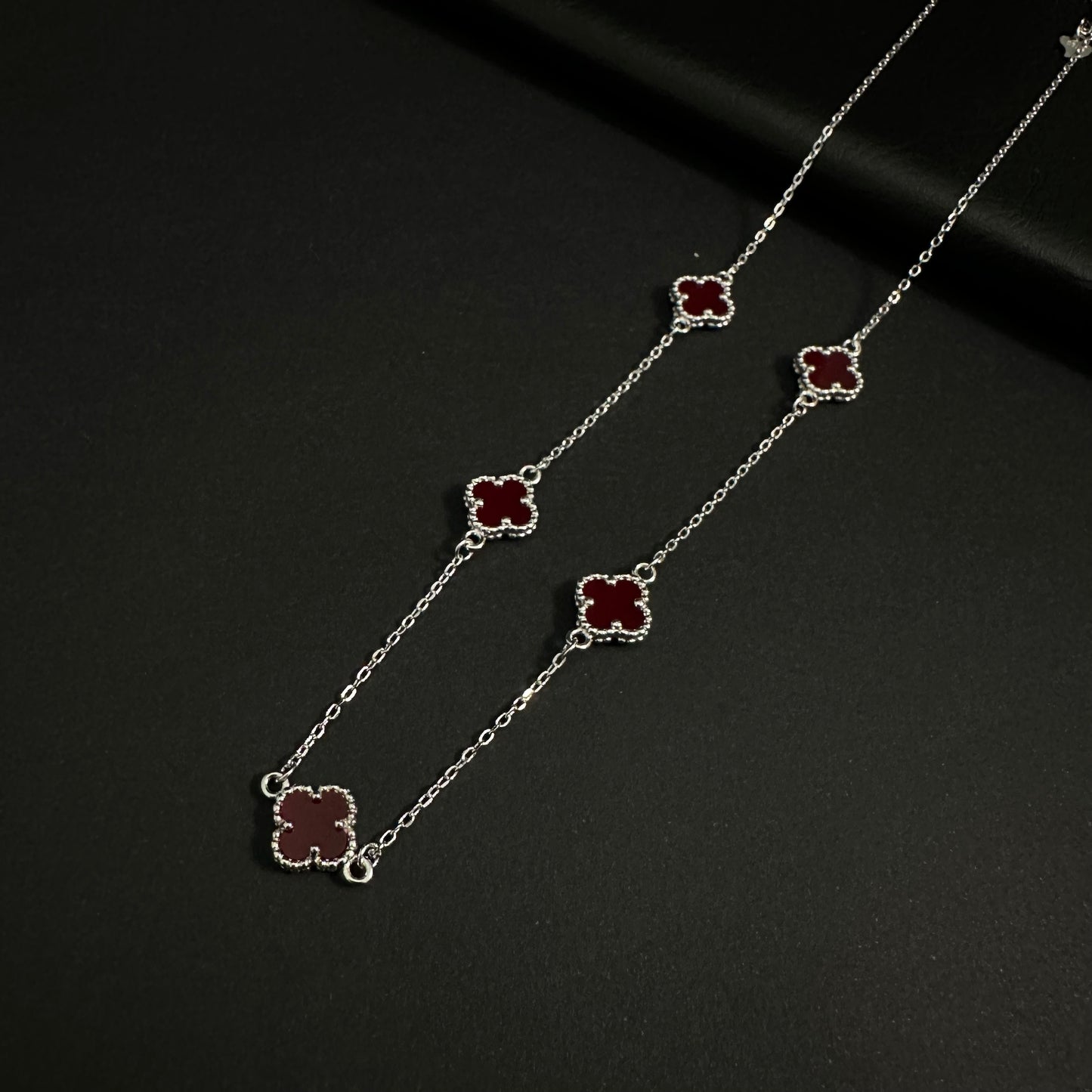Silver Red Clover Station Necklace for Women