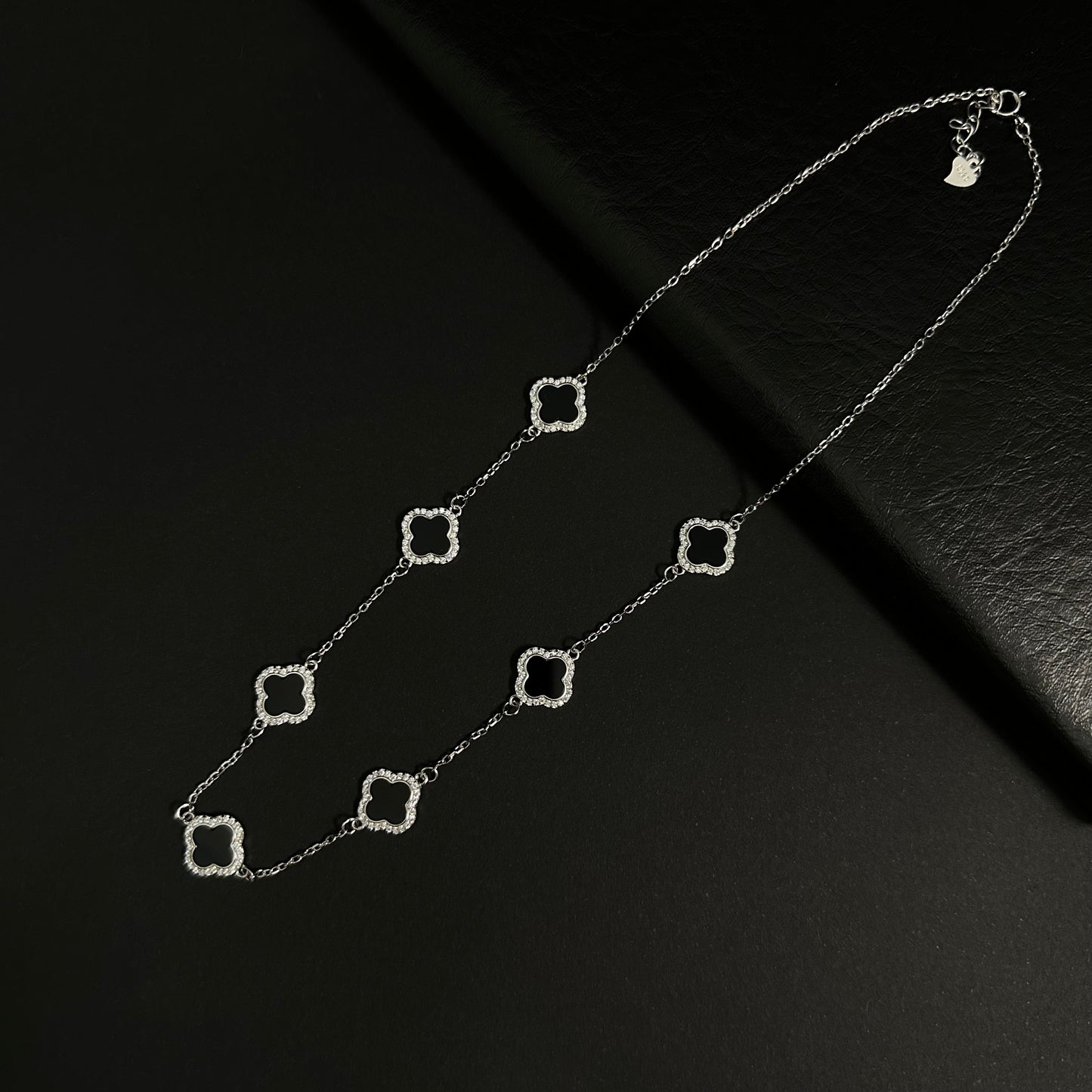 Silver Black Clover Station Necklace for Women