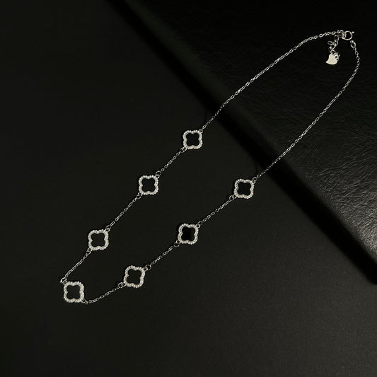 Silver Black Clover Station Necklace for Women