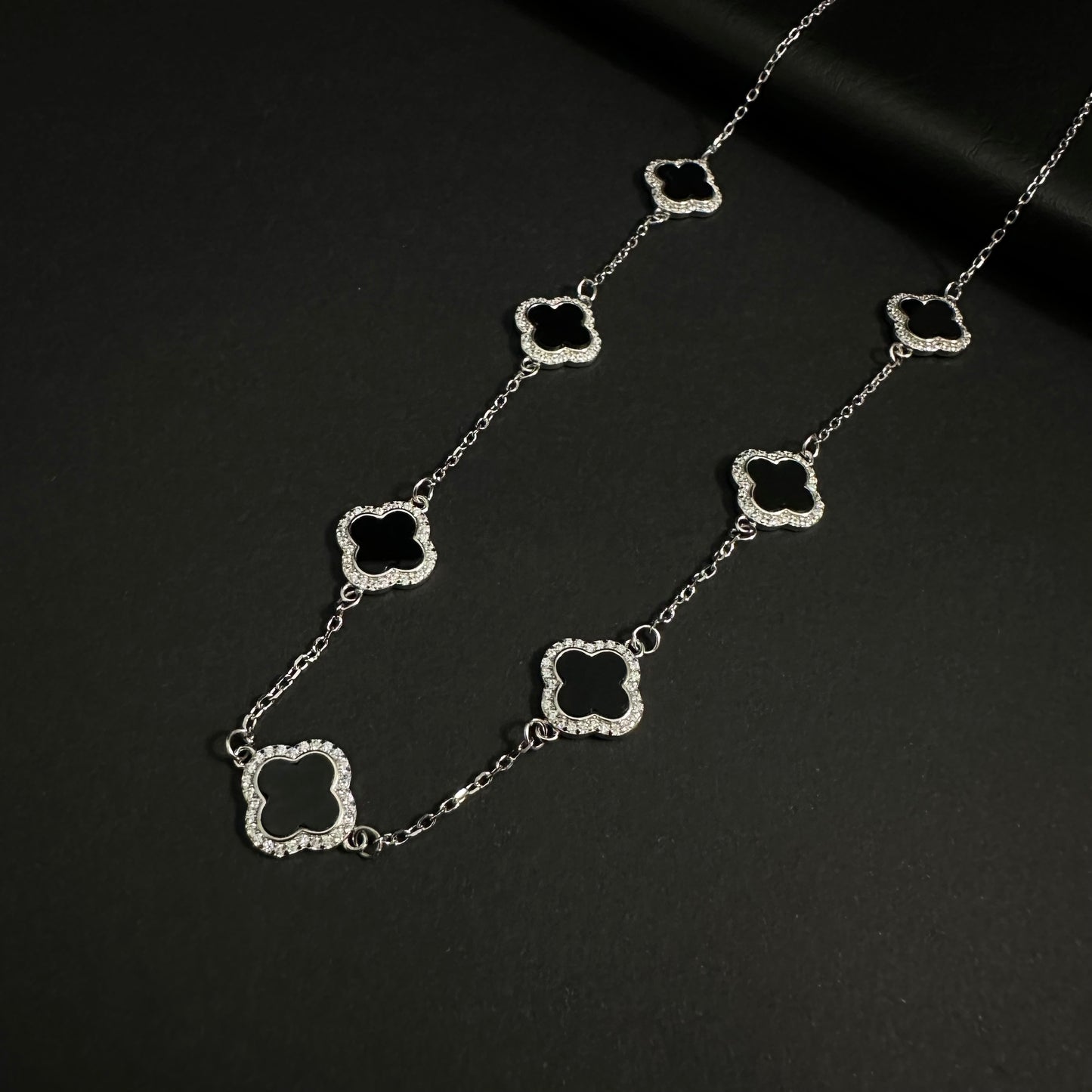 Silver Black Clover Station Necklace for Women