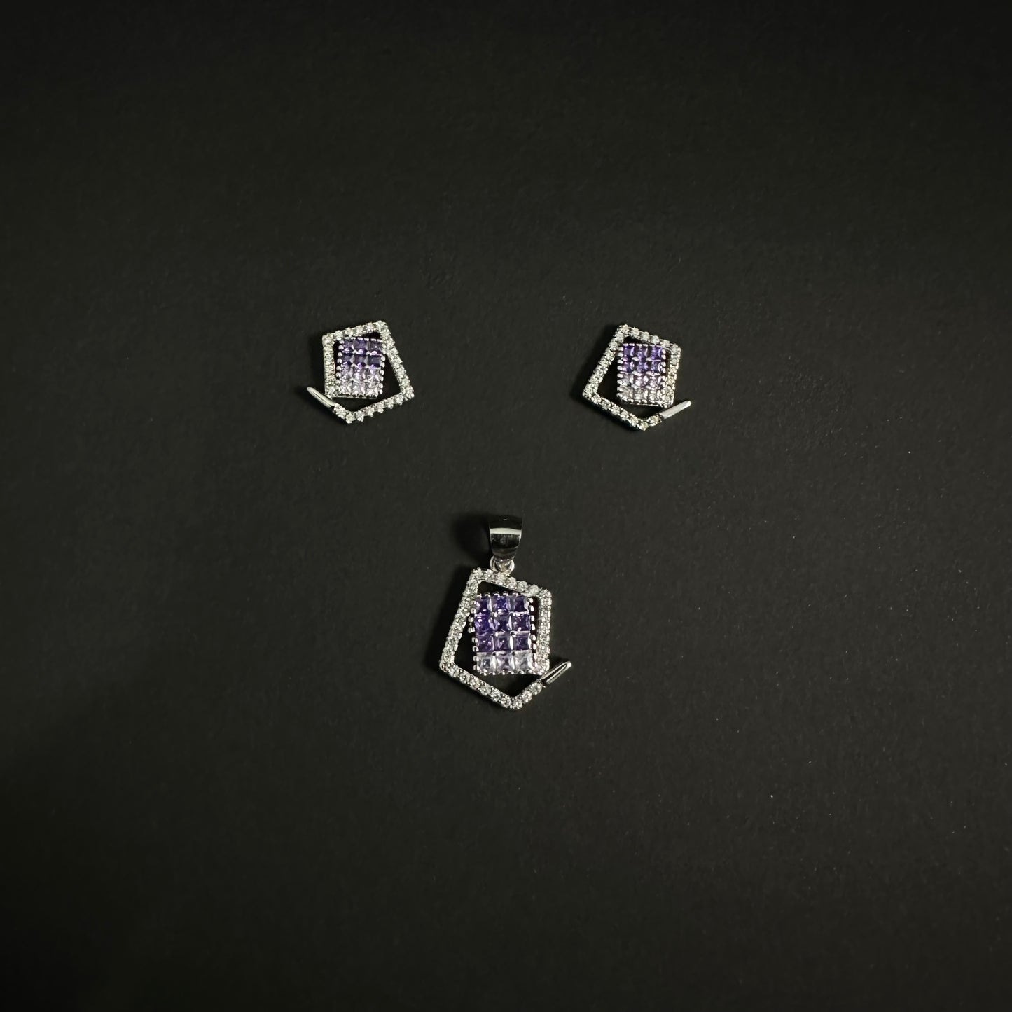Silver Purple Diamond Geometric Pendant Set for Women