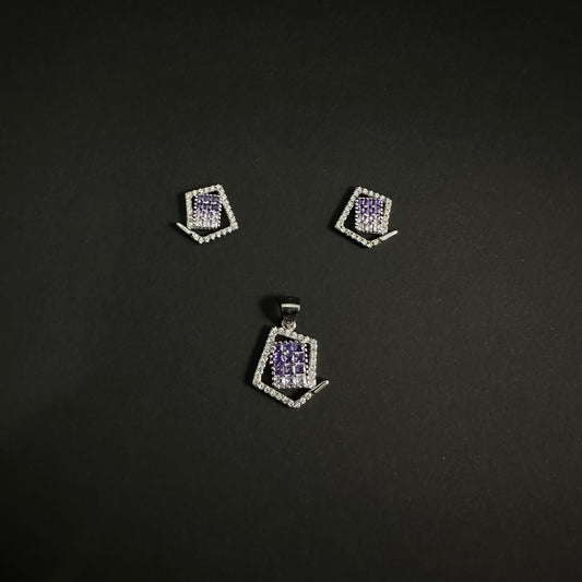 Silver Purple Diamond Geometric Pendant Set for Women