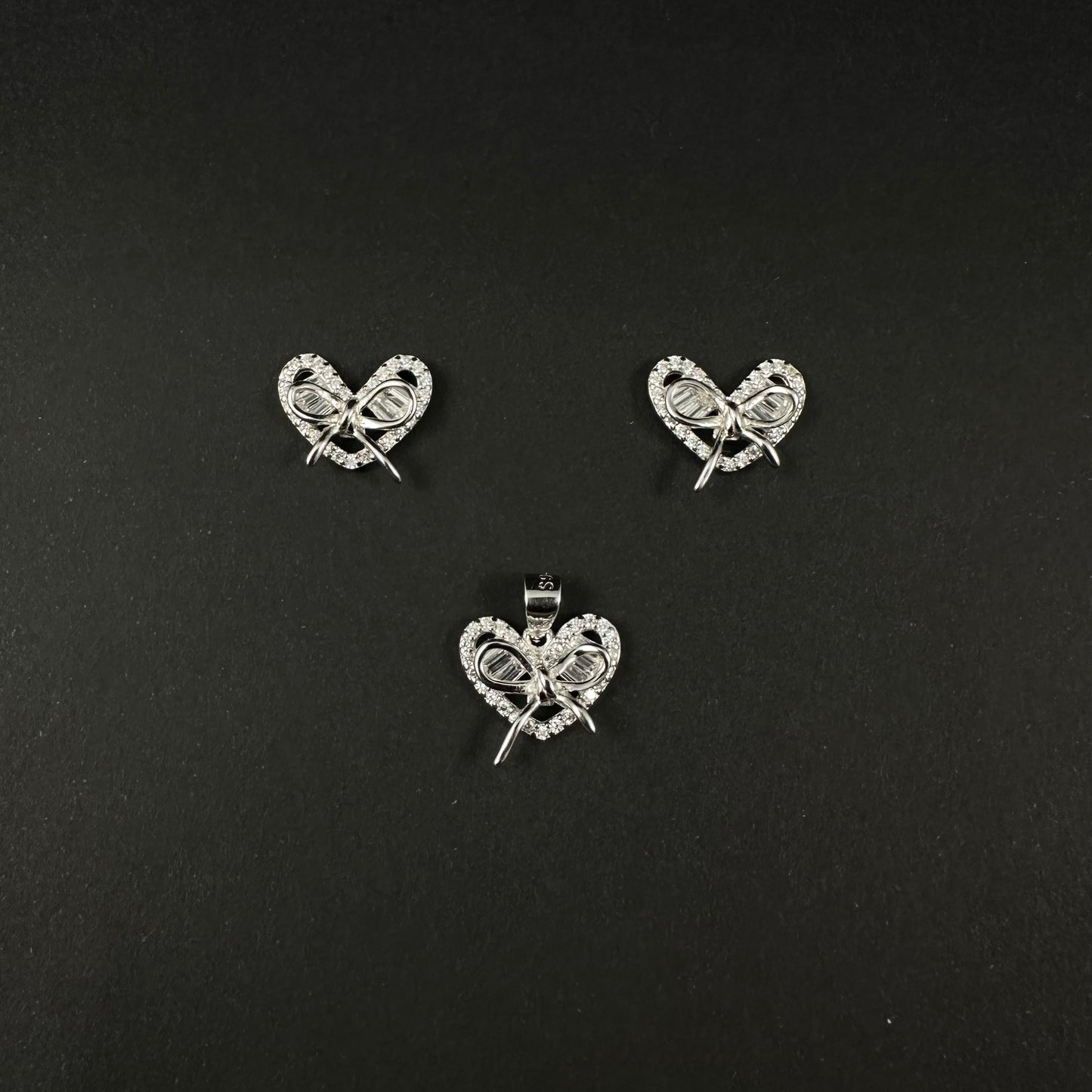 Silver Diamond Heart & Bow Pendant Set for Women