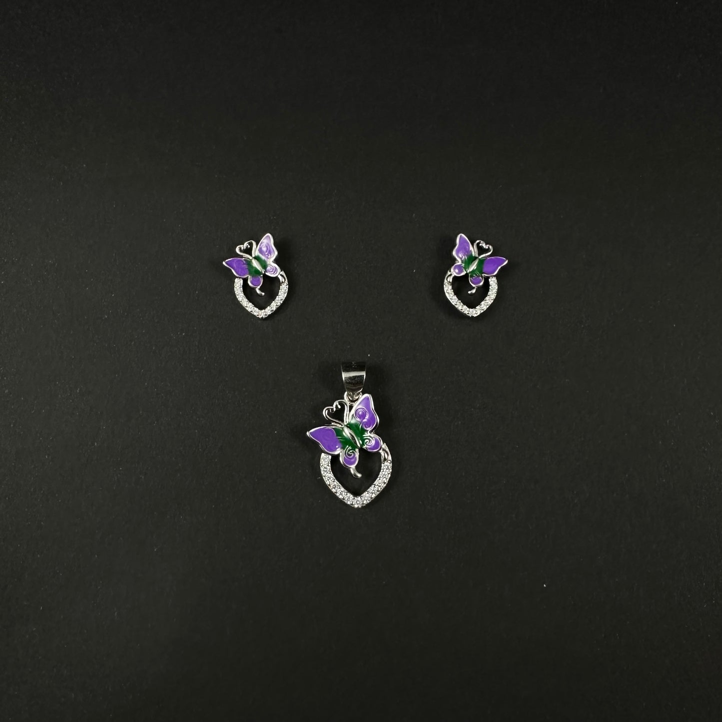 Silver Purple & Green Butterfly Pendant Set for Women