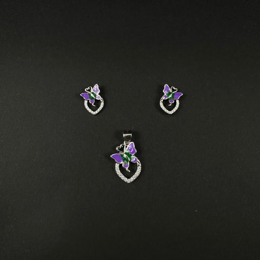 Silver Purple & Green Butterfly Pendant Set for Women
