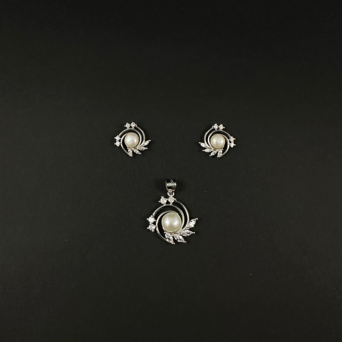 Silver Pearl & Diamond Floral Pendant Set for Women