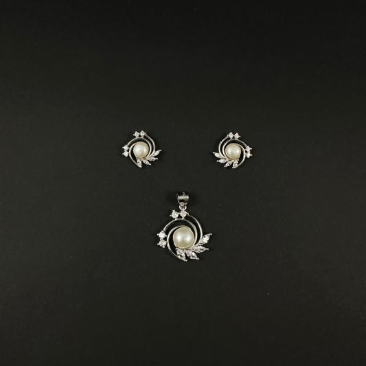 Silver Pearl & Diamond Floral Pendant Set for Women