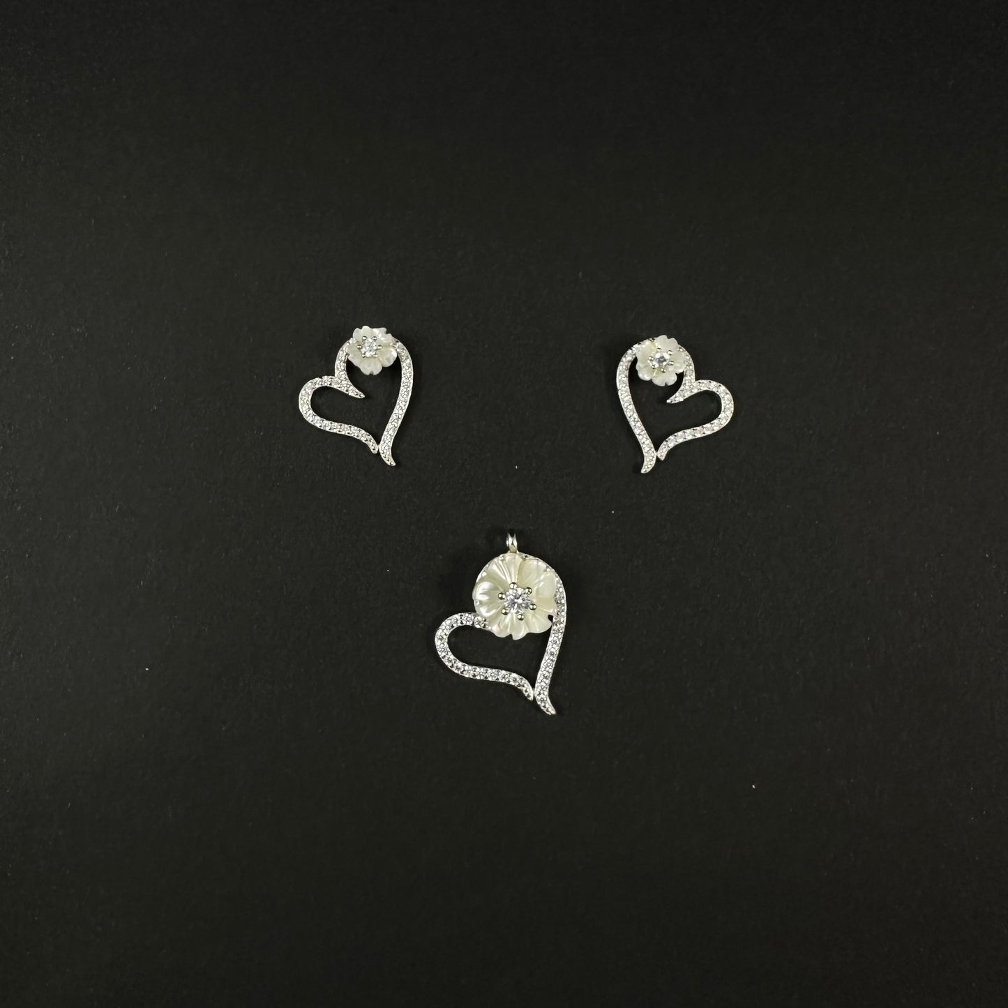 Silver Diamond Heart Blossom Pendant Set for Women