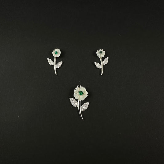 Silver Diamond Floral Bloom Pendant Set for Women