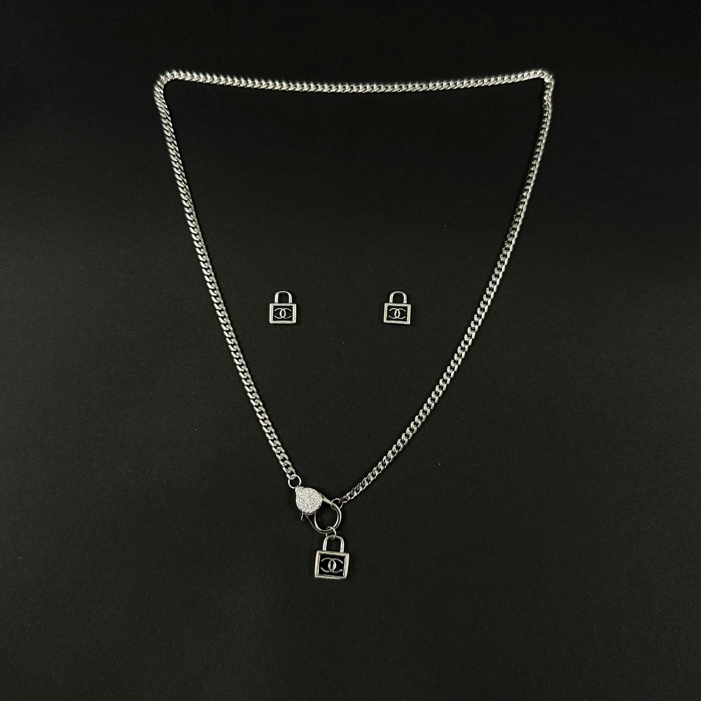 Silver Lock Charm Pendant Set for Women