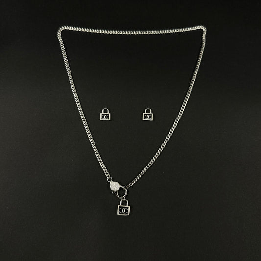 Silver Lock Charm Pendant Set for Women