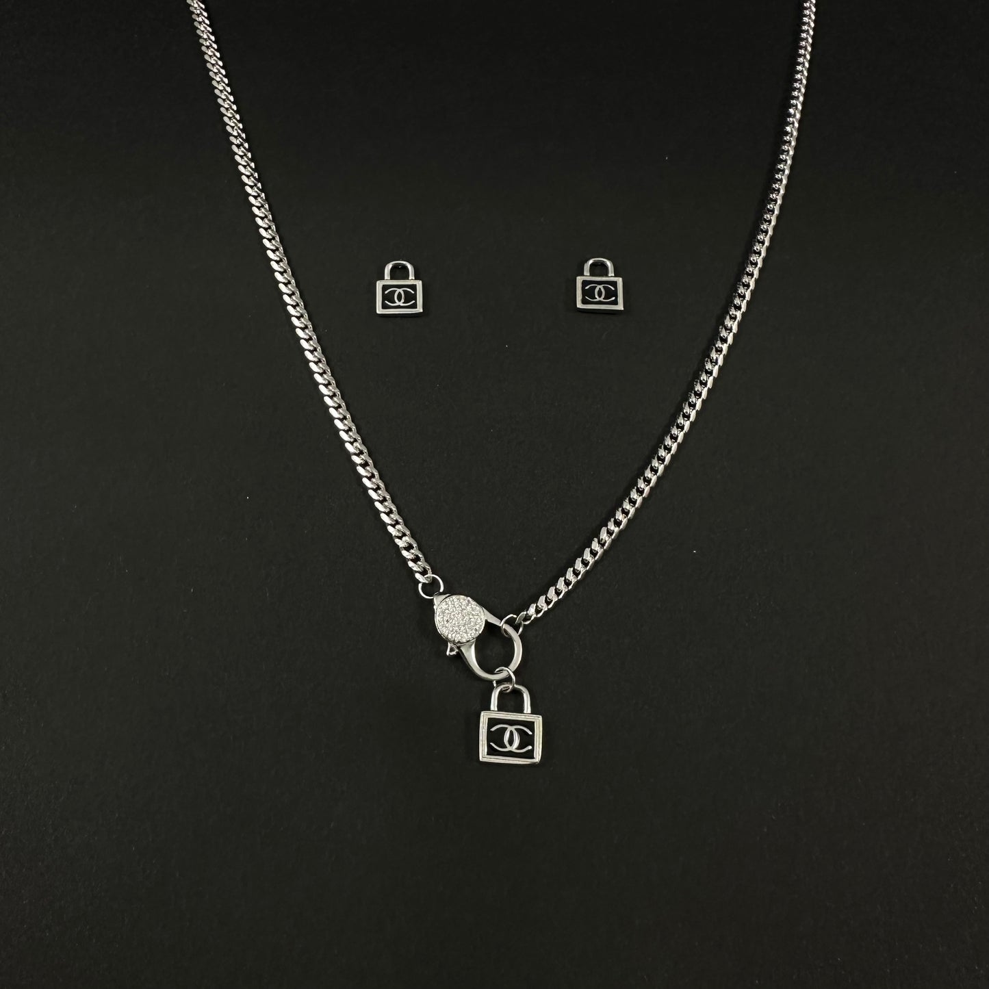 Silver Lock Charm Pendant Set for Women