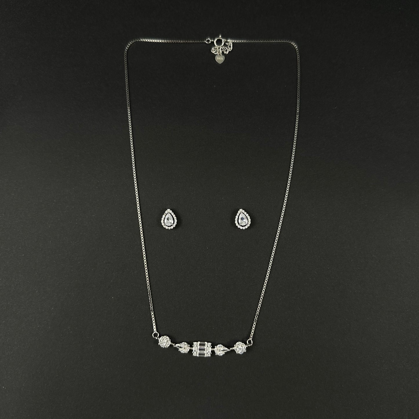 Silver Diamond Bar Necklace Set for Women