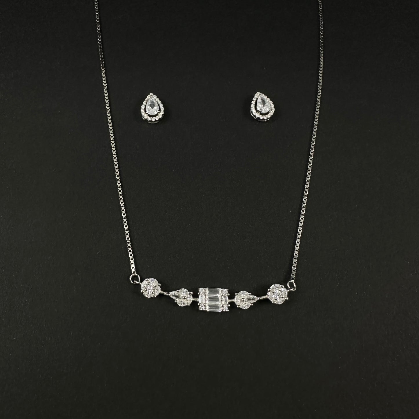 Silver Diamond Bar Necklace Set for Women