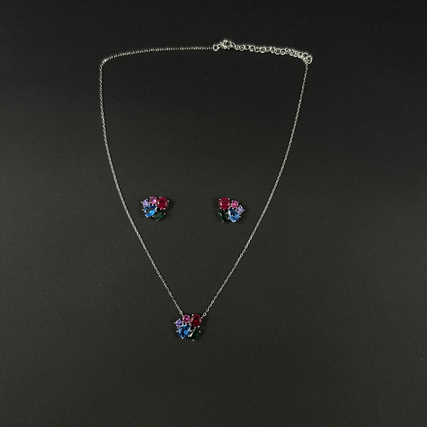 Silver Multicolor Diamond Pendant Set for Women