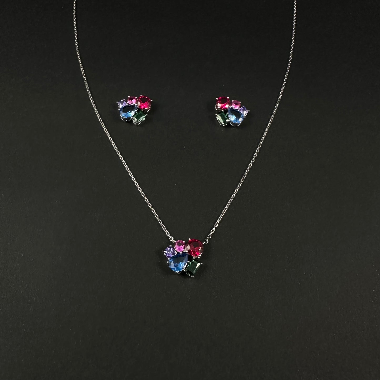 Silver Multicolor Diamond Pendant Set for Women