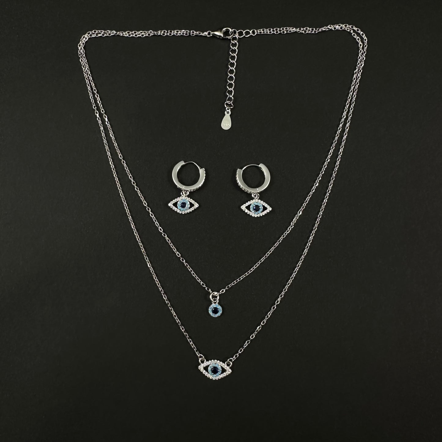 Silver Diamond Double Layer Evil Eye Pendant Set for Women