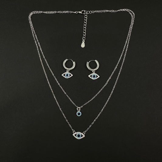 Silver Diamond Double Layer Evil Eye Pendant Set for Women