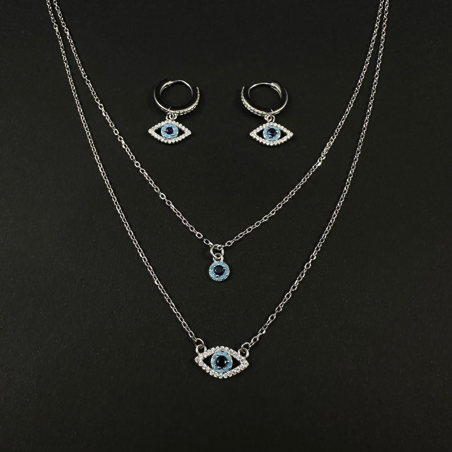 Silver Diamond Double Layer Evil Eye Pendant Set for Women