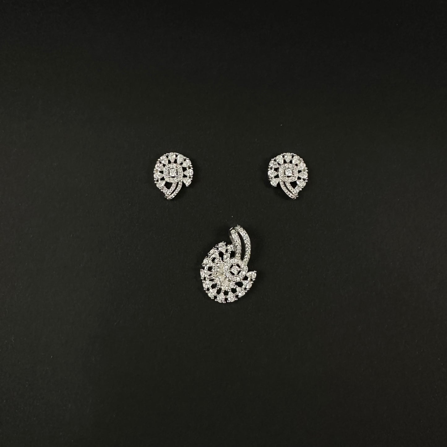 Silver Diamond Floral Swirl Pendant Set for Women