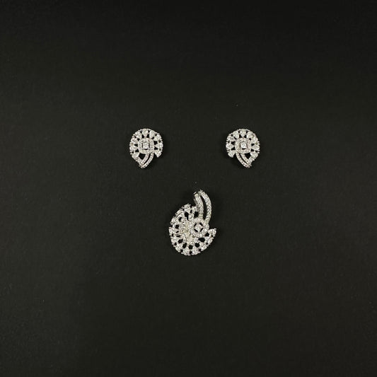 Silver Diamond Floral Swirl Pendant Set for Women