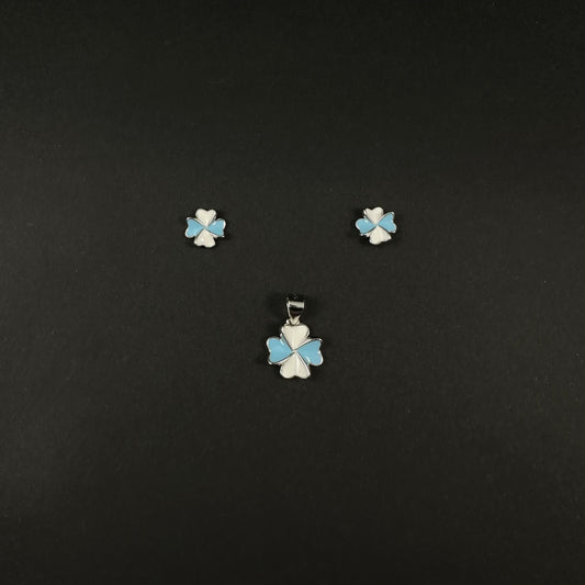 Silver Blue & White Floral Clover Pendant Set for Women